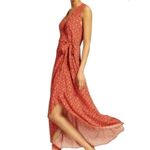 Coral Red Ditsy Floral Wrap Sun Dress Asymmetrical Sundress Long Midi Maxi V